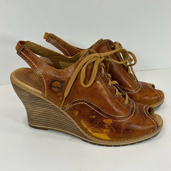 Timberland Earthkeepers Womens 9 Glancy Peep Toe Brown Leather Heels Booties - Picture 4 of 8